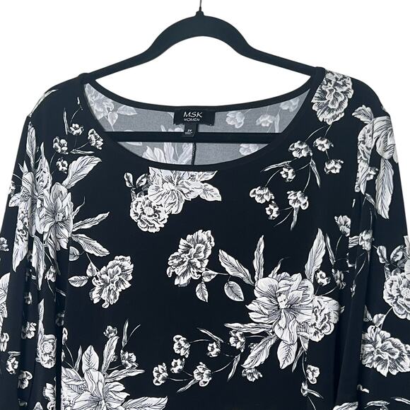 MSK Women Plus 2X Black White Floral Top Bell Sleeve Blouse Top Flowy Stretchy - Picture 2 of 10
